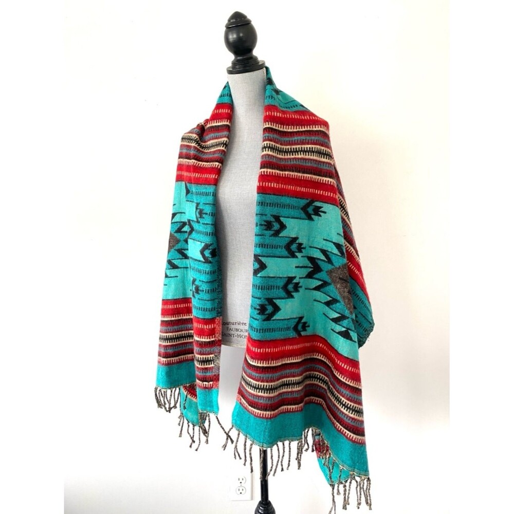 Southwestern Aztec Shawl Red, Black & Turquoise Western Boho Coastal Cowgirl